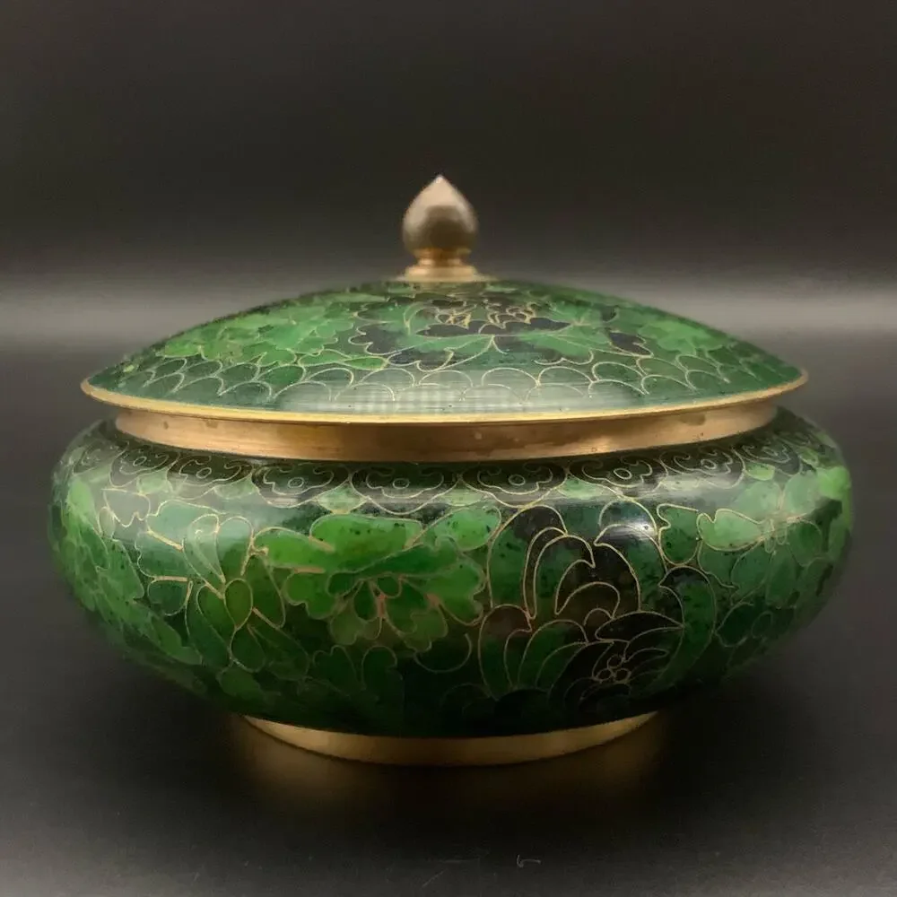 Chinese Cloisonne Bowl w/ Lid Enamel Over Brass Green Champleve Floral Leaf - Picture 8 of 16